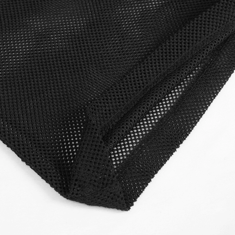 Black polyamide mesh fabric close-up showing dense perforated knit texture and breathable weave structure