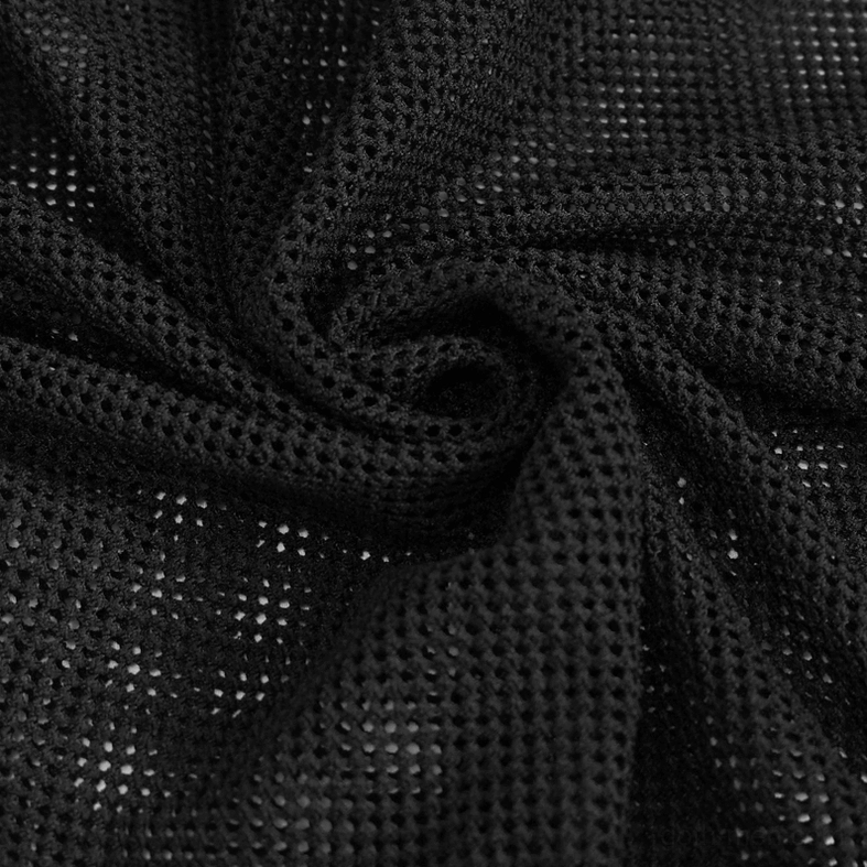 Black mesh sleeveless tank fabric folded showing soft crumpled polyamide with breathable see-through weave pattern