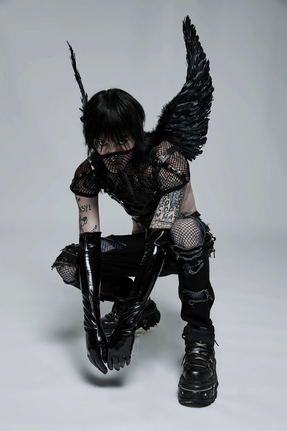 Black mesh gothic face mask collar full view emphasizing structured design and darkwave aesthetic appeal