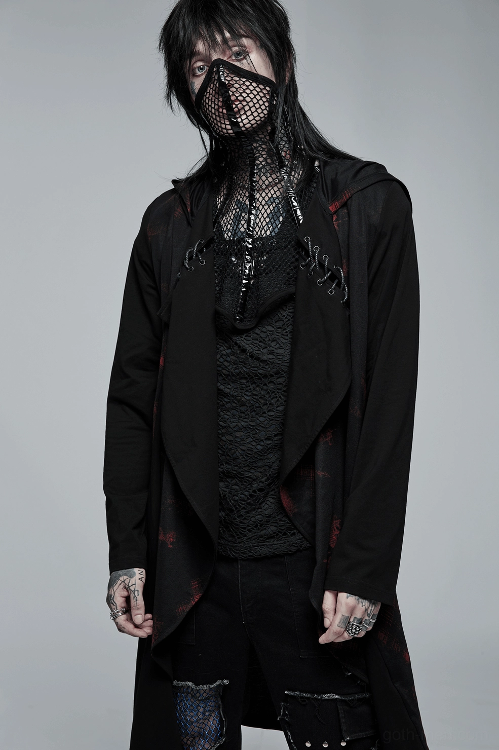 Black mesh gothic face mask collar with shoulder pads alternative fashion styling showcase on model