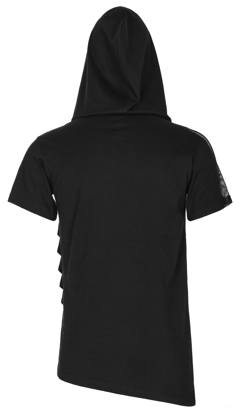 Black mesh spliced gothic hooded t-shirt back detail, solid black back panel with sleeve print