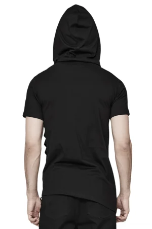 Black mesh spliced gothic hooded t-shirt back view, solid black back with attached hood, rear silhouette