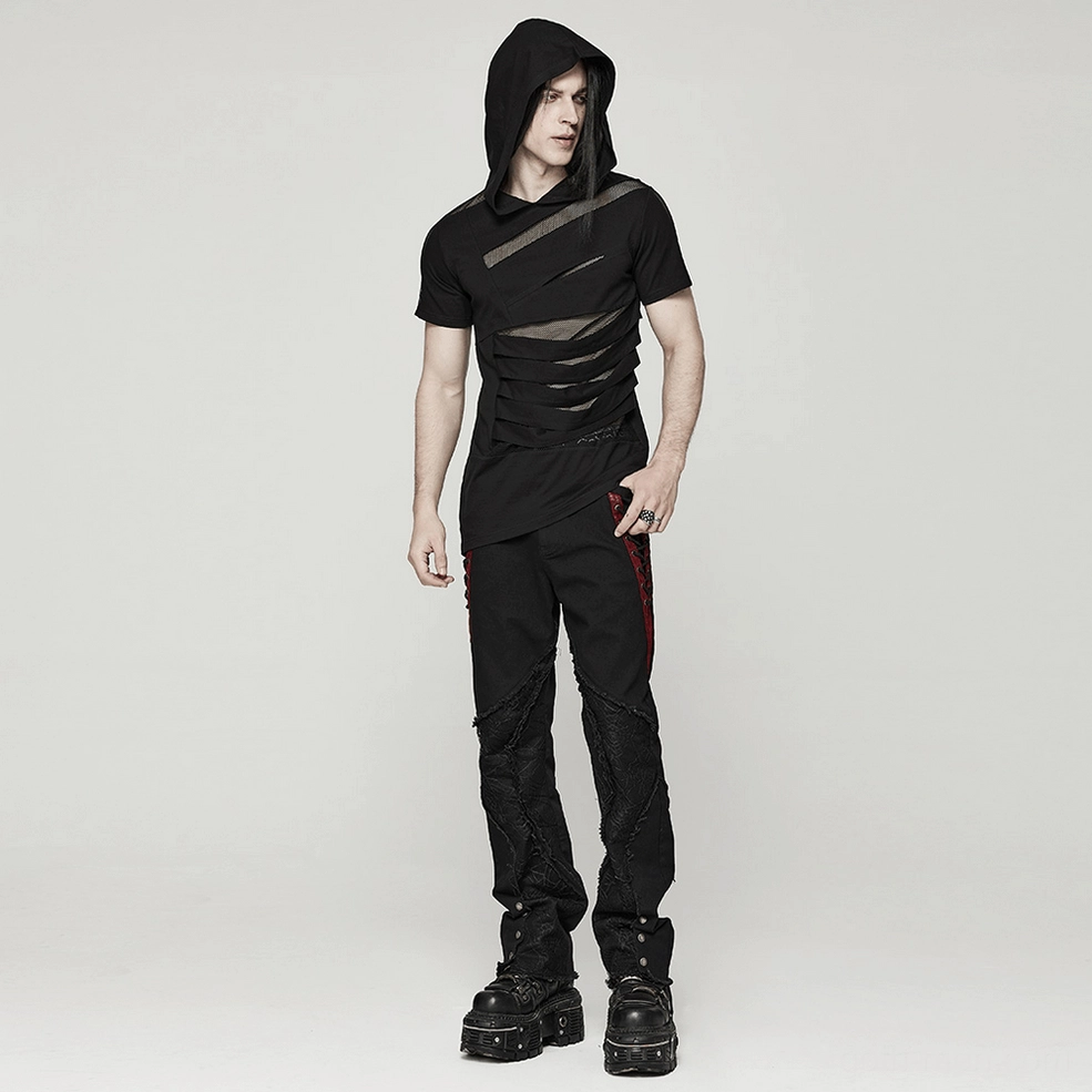 Black mesh spliced gothic hooded t-shirt full silhouette, complete garment view on male model