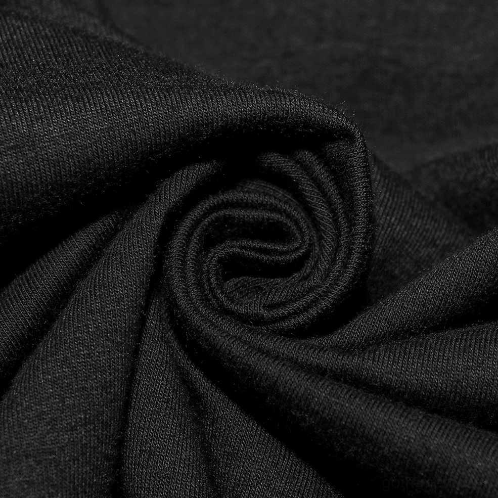 Black mesh spliced gothic hooded t-shirt construction detail, textile splice and layering technique