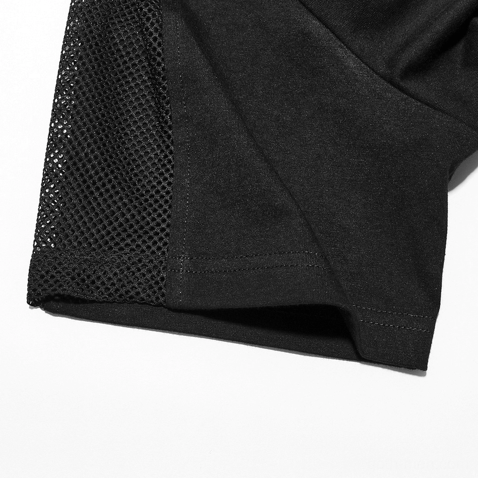 Black mesh spliced gothic hooded t-shirt fabric texture close-up, jersey and mesh splice joint