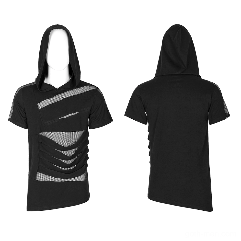 Black mesh spliced gothic hooded t-shirt dual view, front and back mannequin display, short-sleeve silhouette