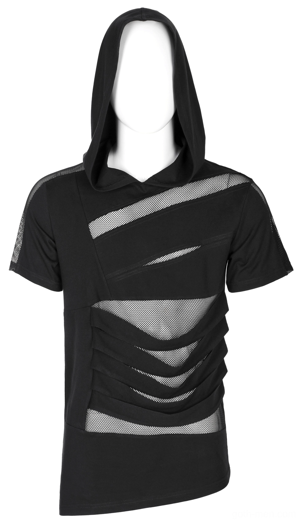 Black mesh spliced gothic hooded t-shirt front detail, mesh panel cutout design, mannequin display