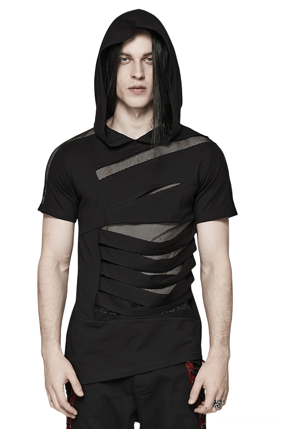 Black mesh spliced gothic hooded t-shirt front view, mesh cutout details on torso and sleeves, worn by model