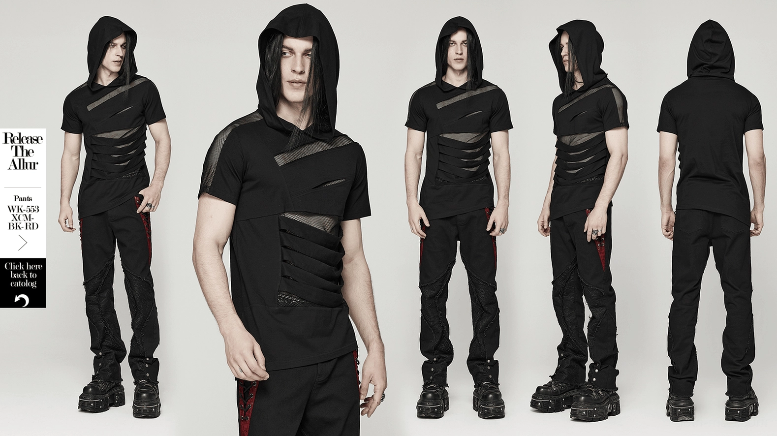 Black mesh spliced gothic hooded t-shirt product shot, main view of mesh splicing and hood design