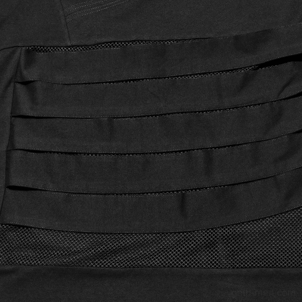Black mesh spliced gothic hooded t-shirt mesh layering close-up, fabric strips visible through mesh