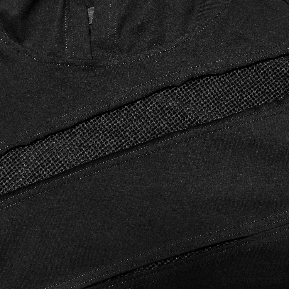 Black mesh spliced gothic hooded t-shirt seam detail close-up, reinforced stitching on mesh splice