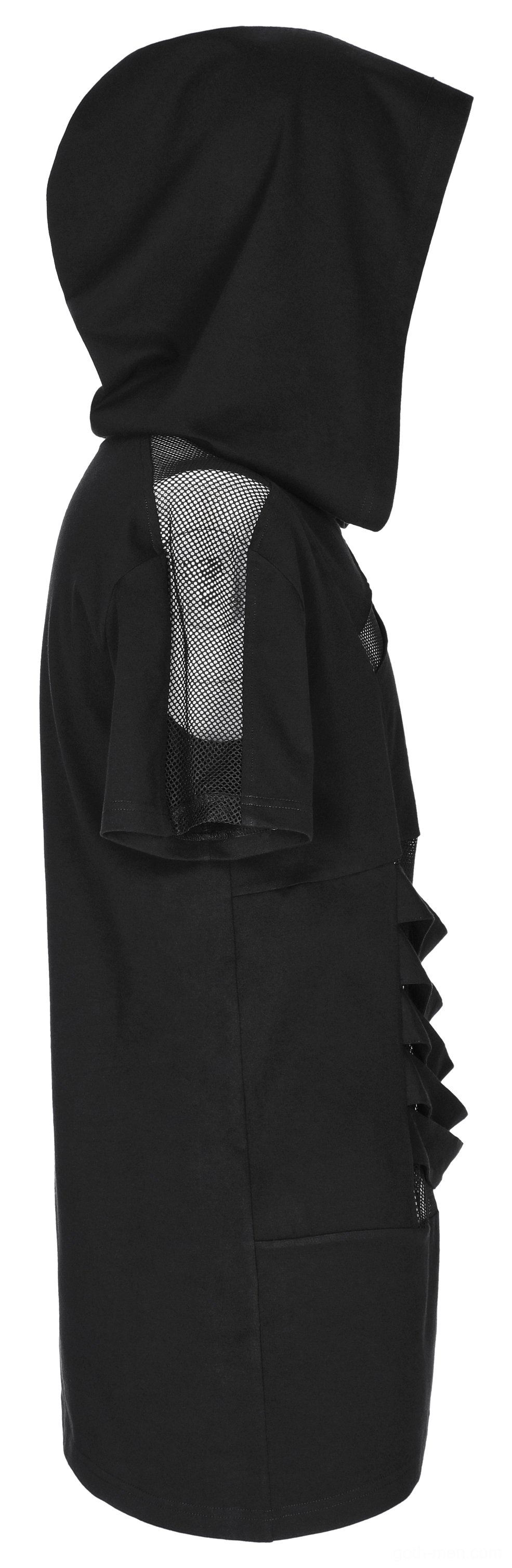 Black mesh spliced gothic hooded t-shirt side profile, asymmetric hem with attached hood, silhouette