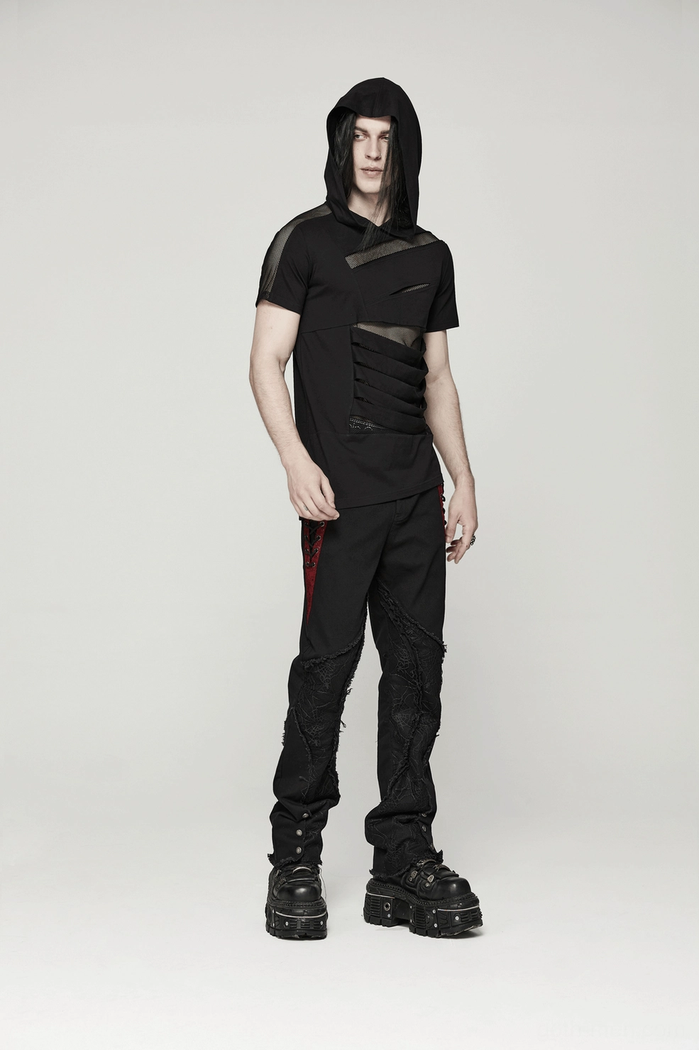 Black mesh spliced gothic hooded t-shirt sleeve detail, mesh cutout on short sleeves with hood