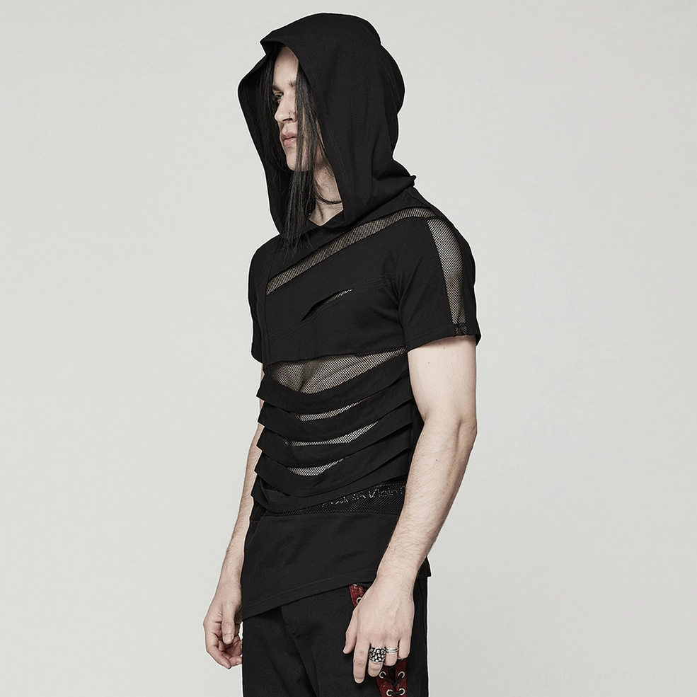 Black mesh spliced gothic hooded t-shirt model wearing, alternative fashion styling with accessories