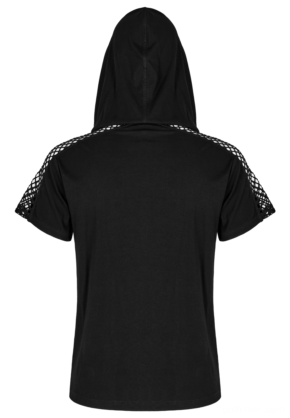 Black mesh gothic hooded t-shirt back view on mannequin with solid rear and mesh sleeve accents