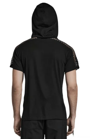 Black mesh gothic hooded t-shirt back view showing solid rear and mesh sleeve caps