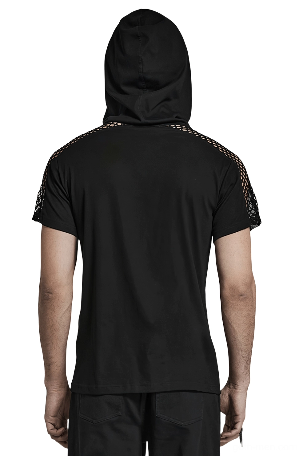 Black mesh gothic hooded t-shirt back view showing solid rear and mesh sleeve caps