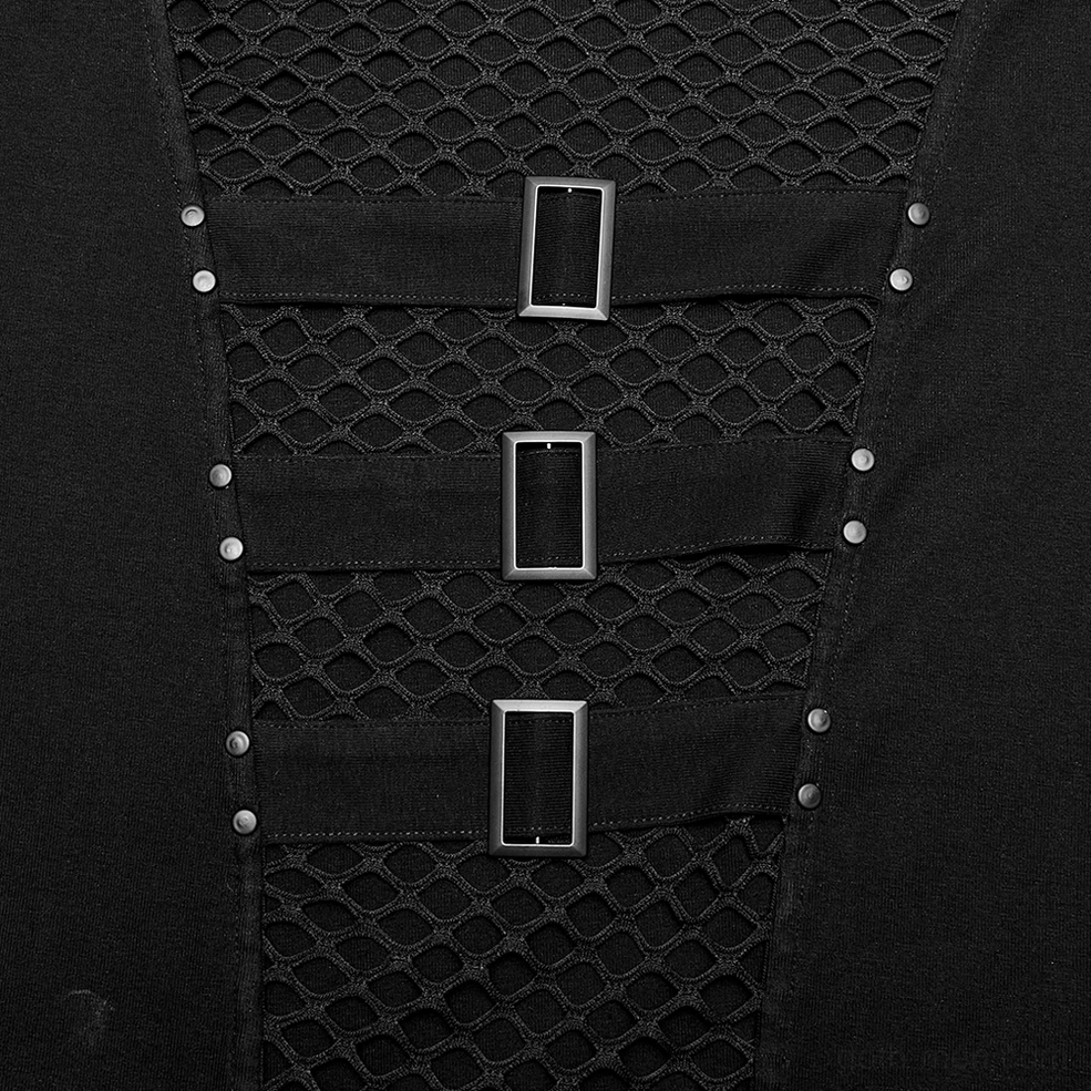 Black mesh gothic hooded t-shirt metal buckle strap close-up showing industrial grid mesh texture