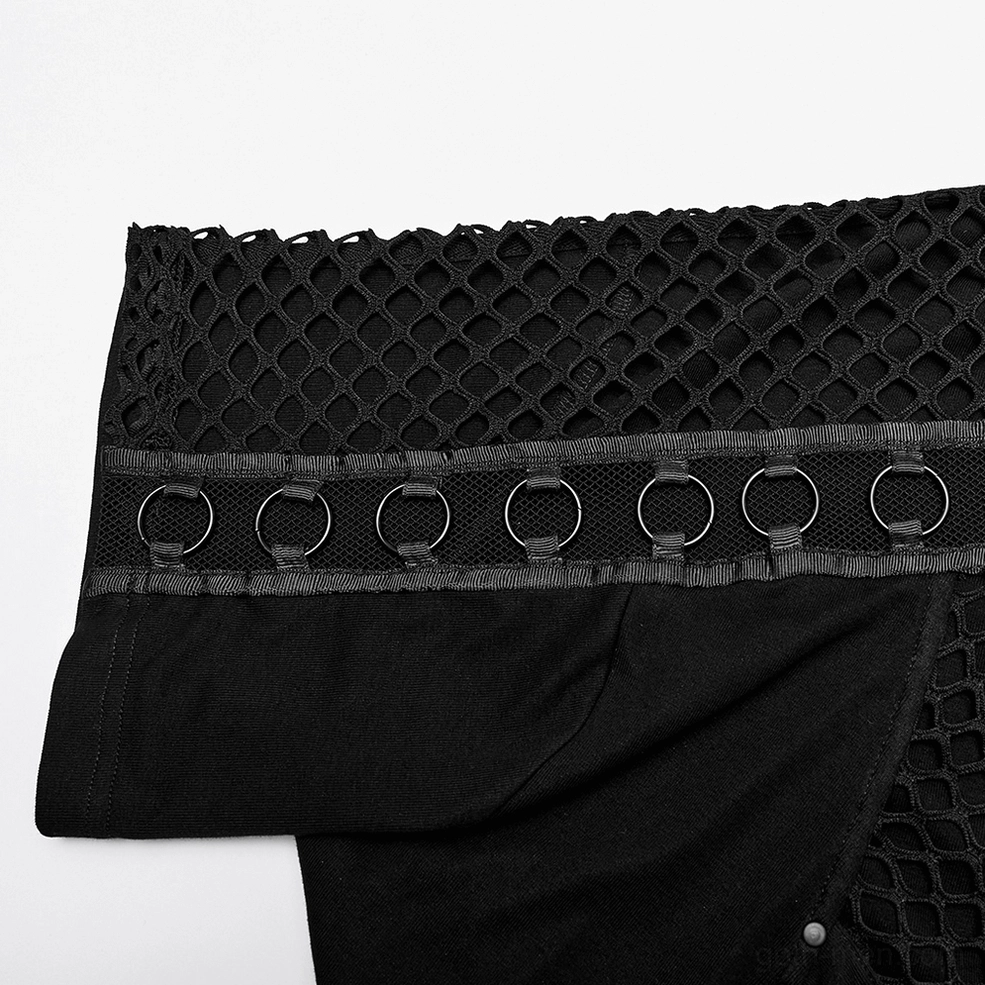 Black mesh gothic hooded t-shirt fabric close-up showing fishnet mesh and metal ring strap details