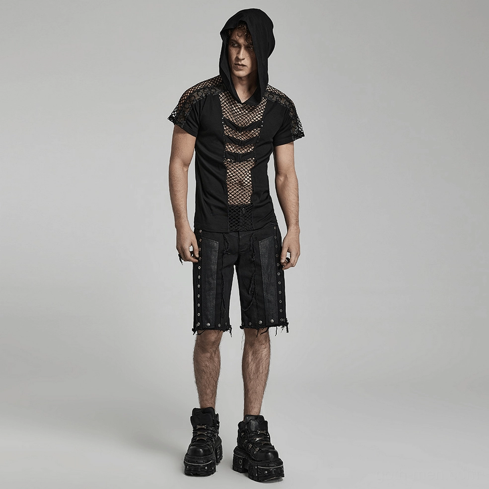 Black mesh gothic hooded t-shirt material composition and fabric blend specification details