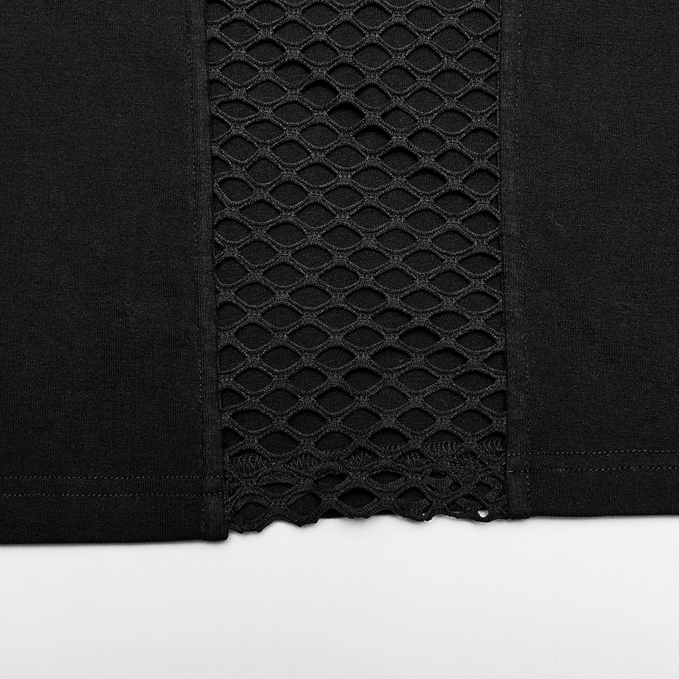 Black mesh gothic hooded t-shirt fabric close-up displaying mesh and solid fabric precision stitching