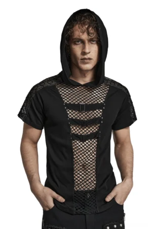 Black mesh gothic hooded t-shirt front view with buckle strap details - men's alternative fashion