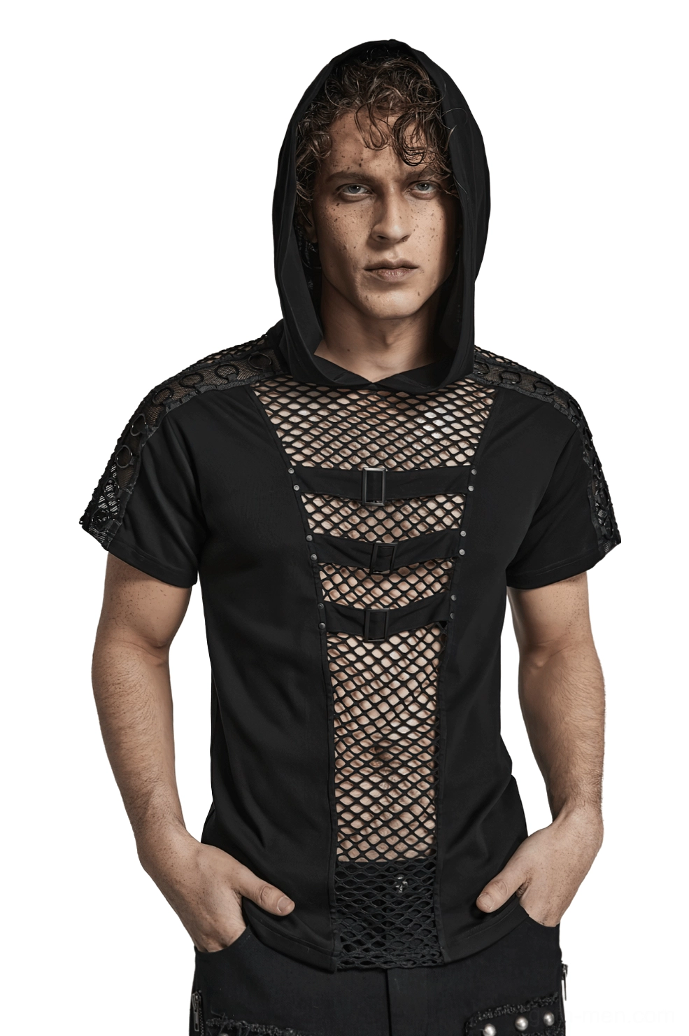 Black mesh gothic hooded t-shirt front view with buckle strap details - men's alternative fashion