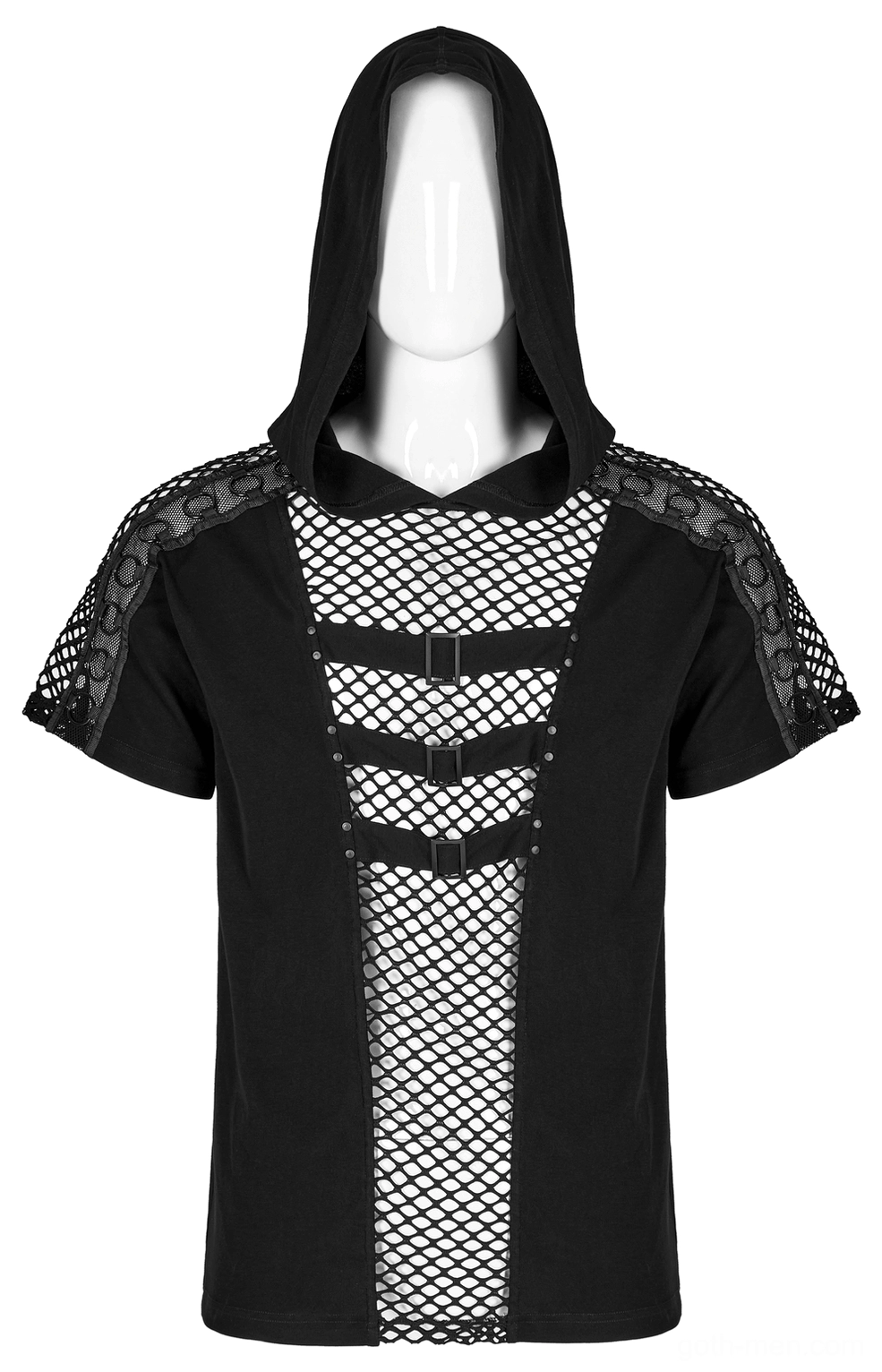 Black mesh gothic hooded t-shirt front view on mannequin showing fishnet panel and hood detail