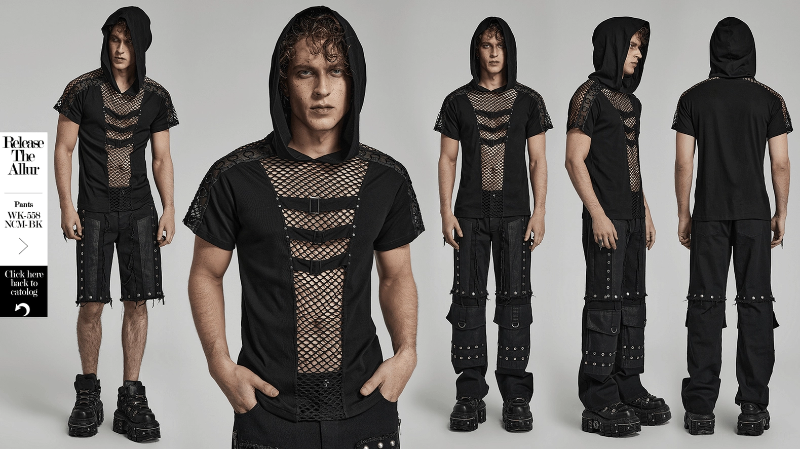 Black mesh gothic hooded t-shirt product overview main image for men's alternative fashion