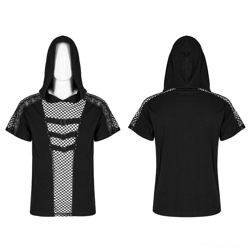 Black mesh gothic hooded t-shirt mannequin display front and back paired view with fishnet cutout