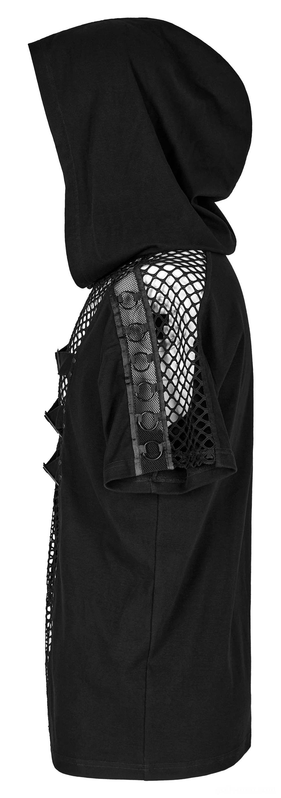 Black mesh gothic hooded t-shirt side view on mannequin displaying hood and shoulder mesh panel
