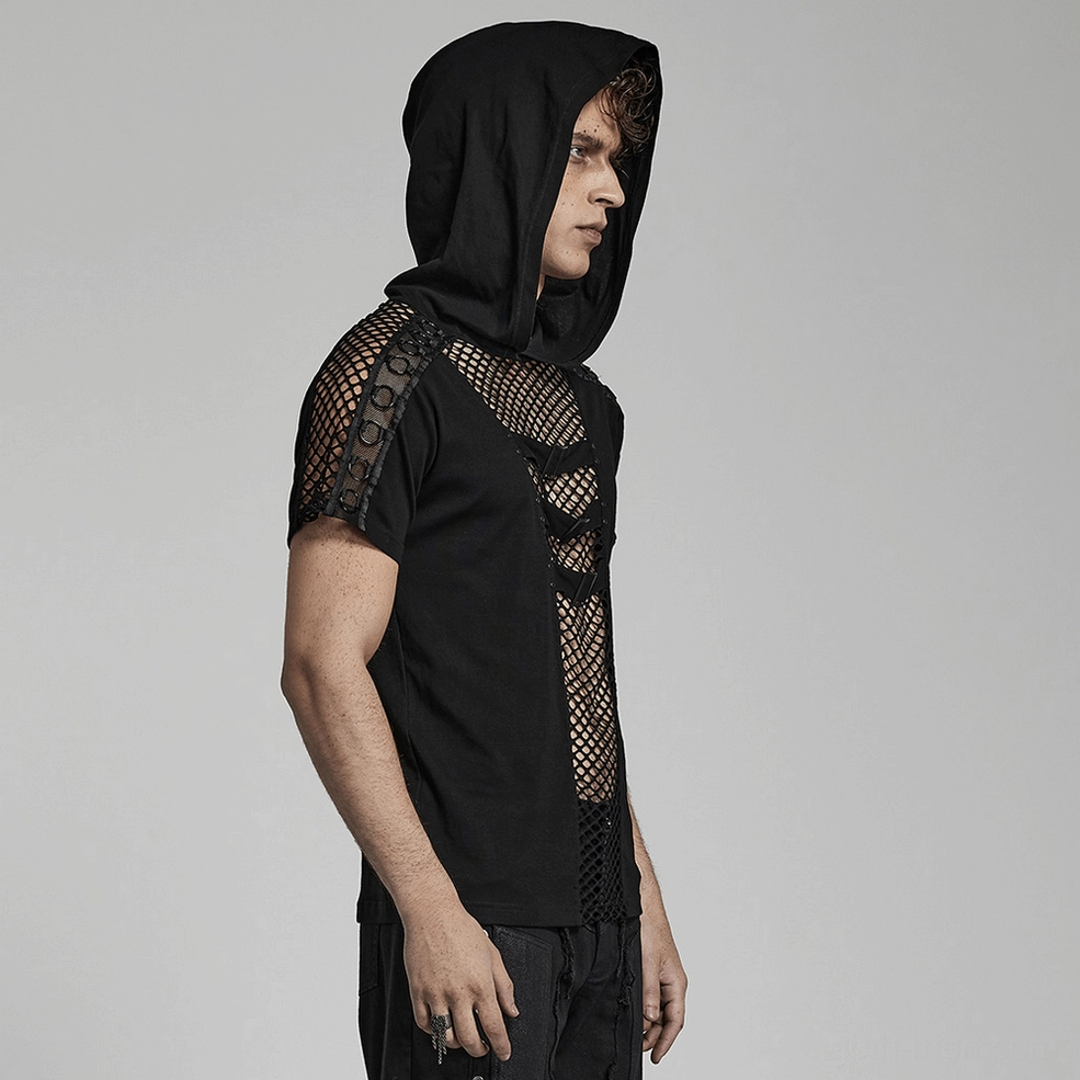 Black mesh gothic hooded t-shirt size comparison and fit guide visual reference