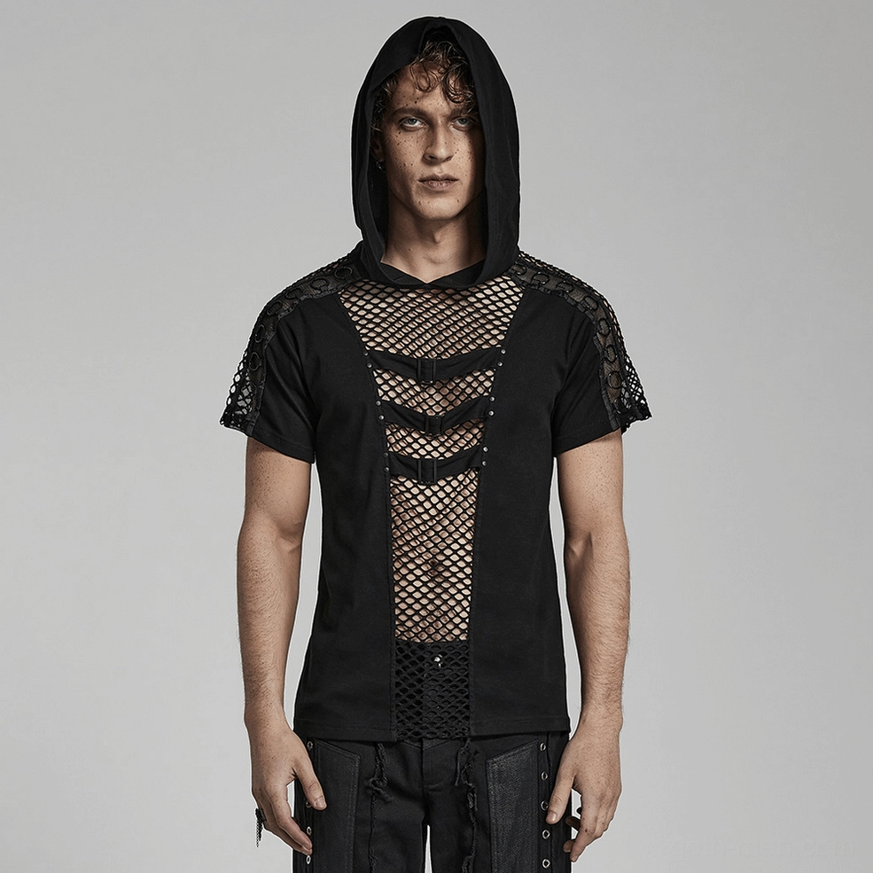 Men's black mesh gothic hooded t-shirt alternative fashion styling and wear inspiration
