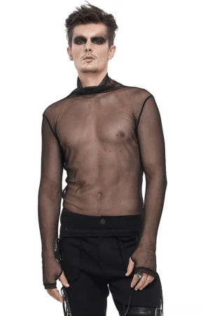 Black mesh gothic long sleeve top with high neckline and fingerless sleeves, front view on male model with goth styling