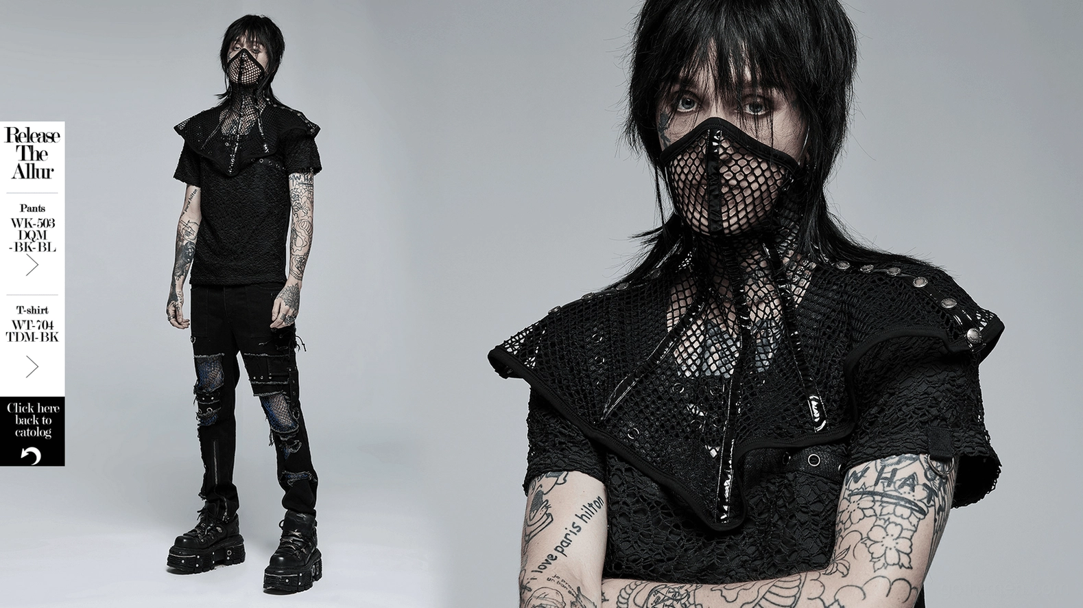 Black mesh gothic neckwear collar with structured pads from multiple angles demonstrating architectural fashion design