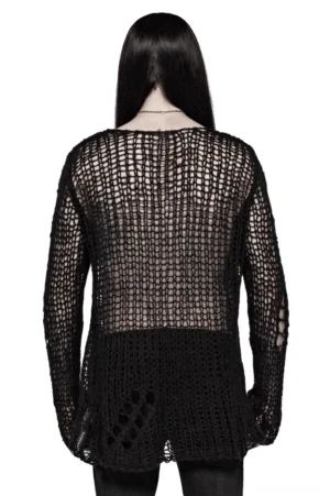 Back view of black mesh knit pullover on male model showing open crocheted texture and long sleeves with cuffed wrists