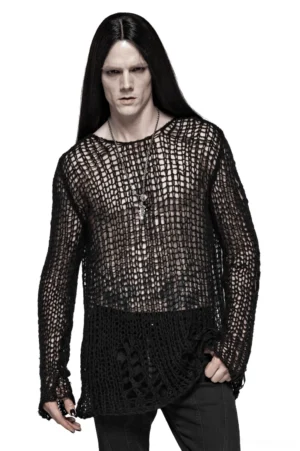 Black mesh distressed gothic pullover front three-quarter view on male model with long hair, featuring open weave texture and distressed hem
