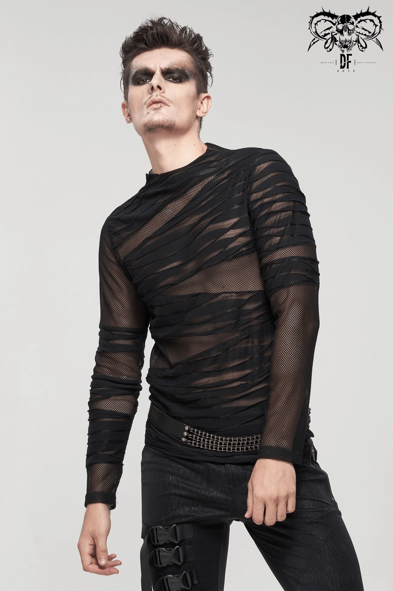 Black sheer mesh gothic punk long sleeve top detail showing fabric layering and construction