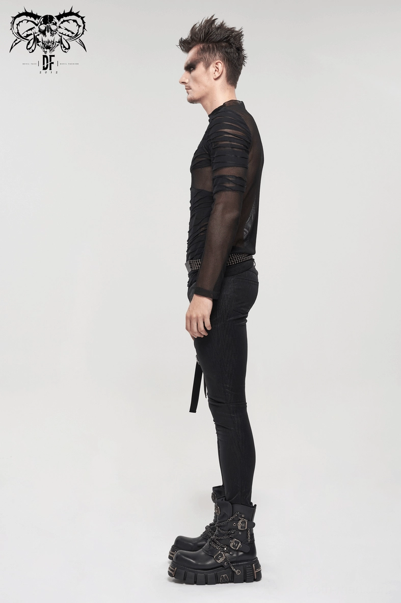 Black mesh gothic punk top showing cuff and sleeve details on sheer long sleeves