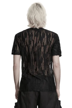 Black mesh gothic T-shirt back view featuring full-body ripped see-through mesh texture and fitted silhouette on male model