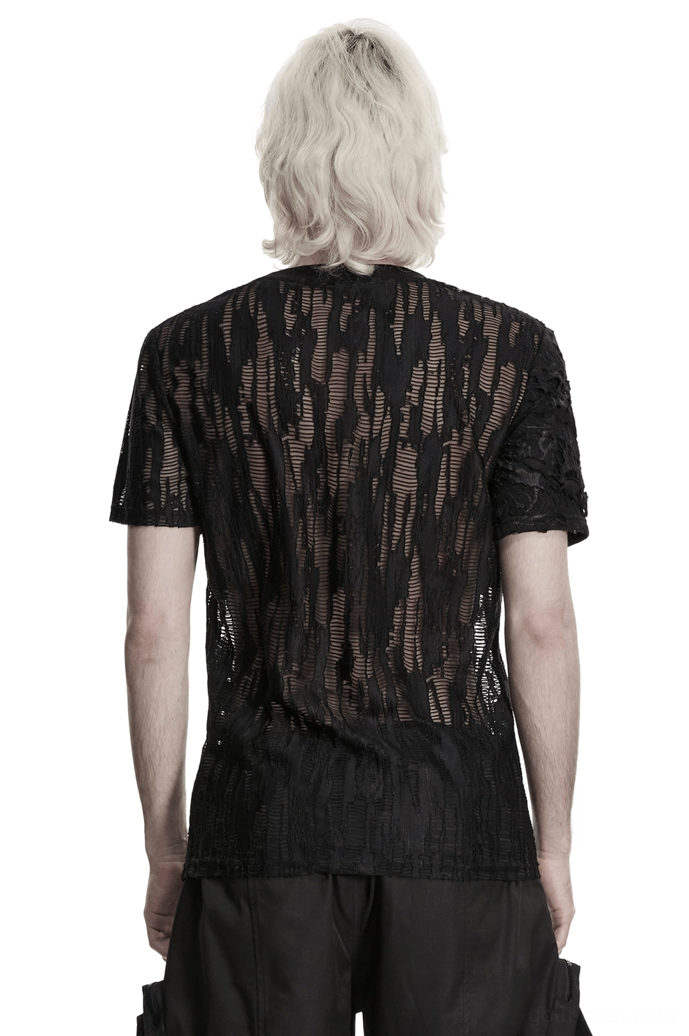 Black mesh gothic T-shirt back view featuring full-body ripped see-through mesh texture and fitted silhouette on male model
