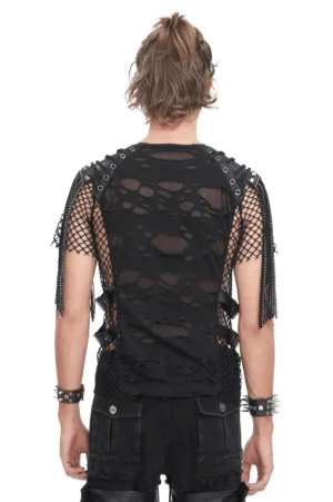 Back view of black mesh gothic t-shirt with fringe detailing paired with grommeted cargo pants