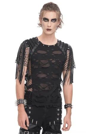 Black mesh gothic t-shirt with fringe sleeves and silver studs worn by male goth model in studio setting