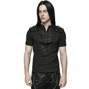 Black mesh gothic tactical tee with riveted shoulder straps, front view on model with half-zip V-neck collar