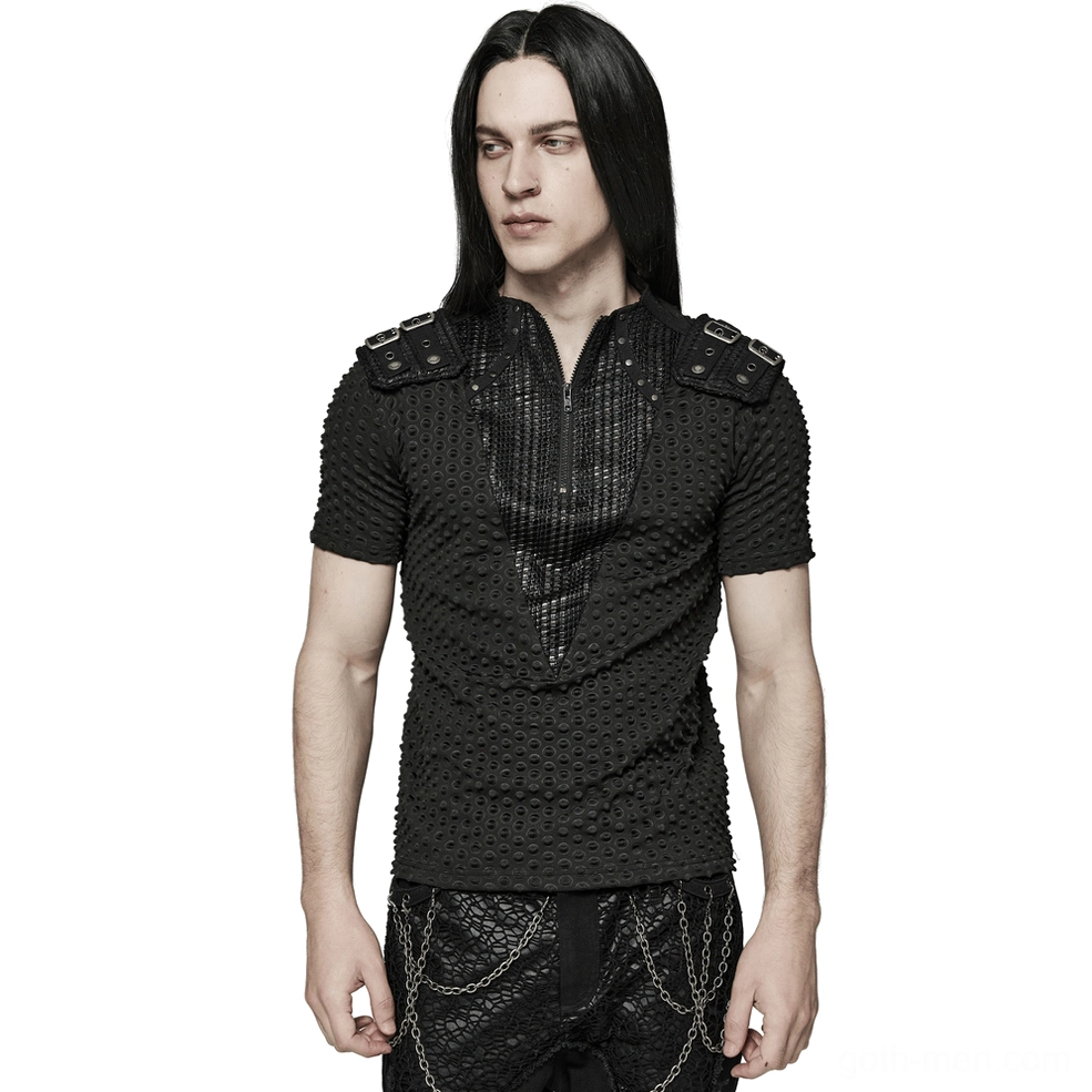 Black mesh gothic tactical tee with riveted shoulder straps, front view on model with half-zip V-neck collar