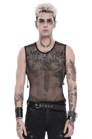 Black mesh gothic tank top with metal chain harness and studded straps, front full-body view on male model