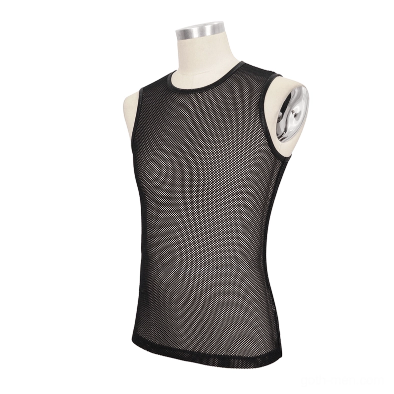 Gothic mesh tank top three-quarter front view on mannequin displaying slim fit silhouette and transparent mesh weave detail