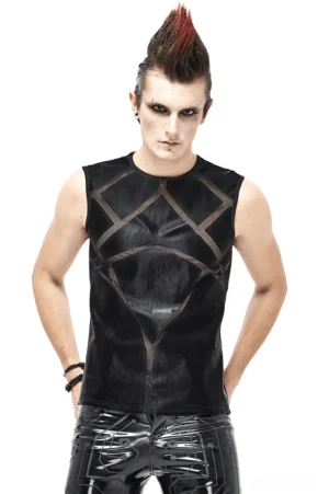 Black mesh gothic tank top for men front view with geometric stitched panel worn by punk styled model