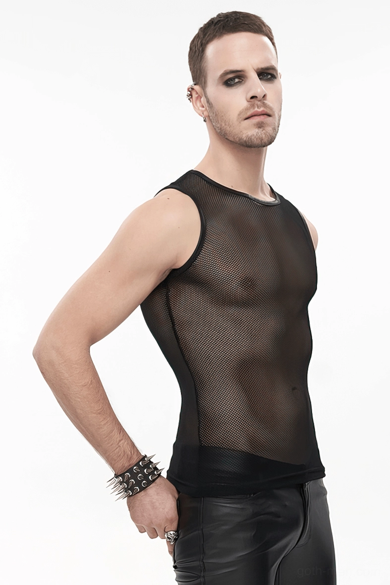 Black mesh sleeveless gothic tank top product lifestyle image demonstrating contemporary dark fashion styling and wear