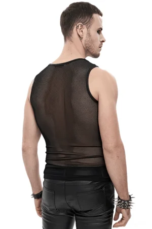 Gothic mesh tank top styled with leather pants and spiked bracelets - side profile back view demonstrating alternative fashion coordination